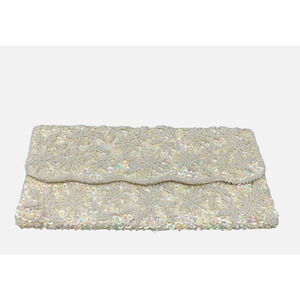 Vintage 1960s Beaded Sequin Off-White Evening Bag Clutch Made in Hong Kong